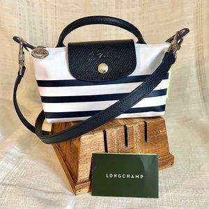 NWT Longchamp Navy/White Le Pliage Collection Pouch Mini bag with handle & strap